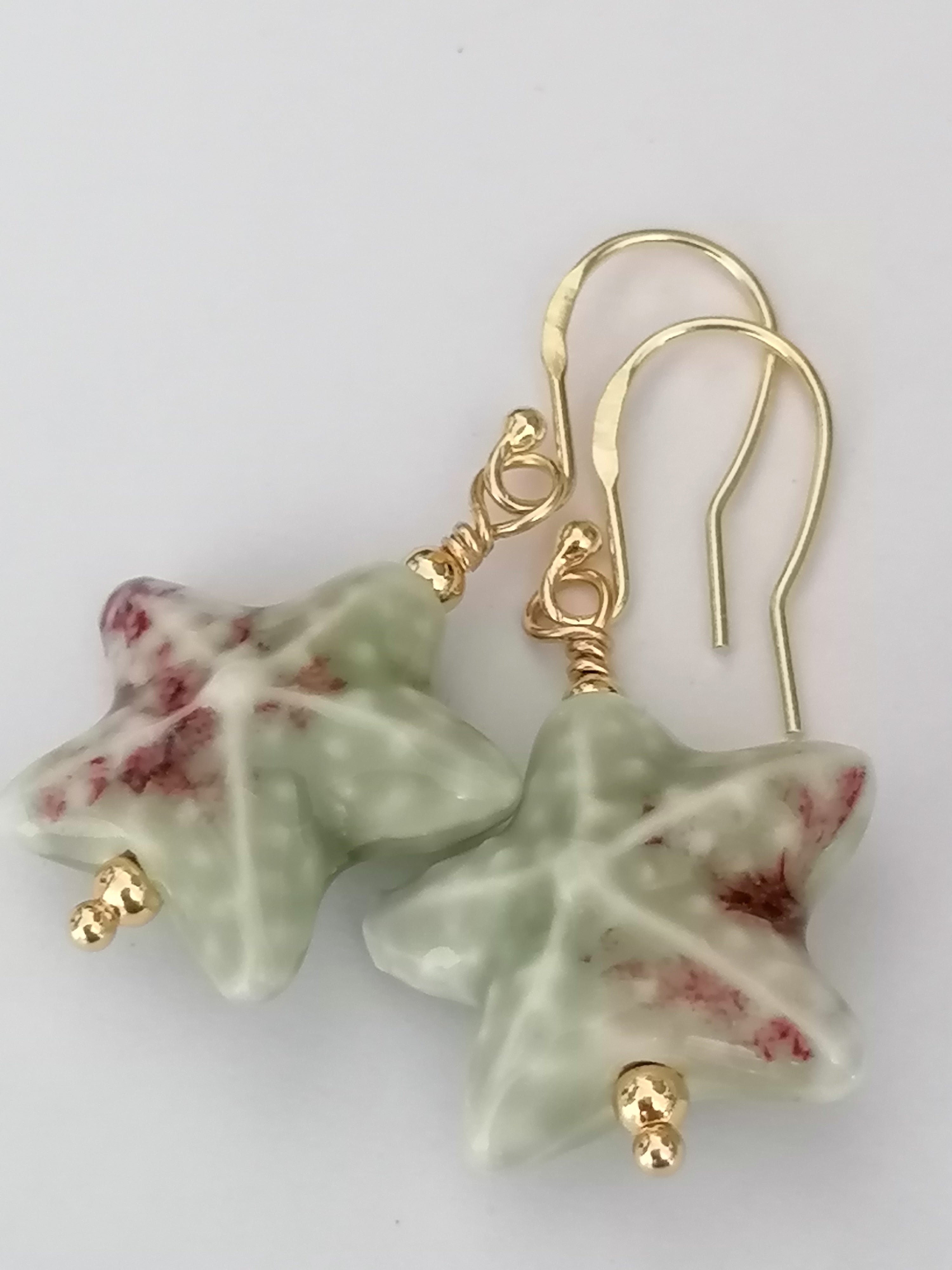 24ct Gold Vermeil 925 Sterling Silver Pastel Green Ceramic Starfish Drop Earrings