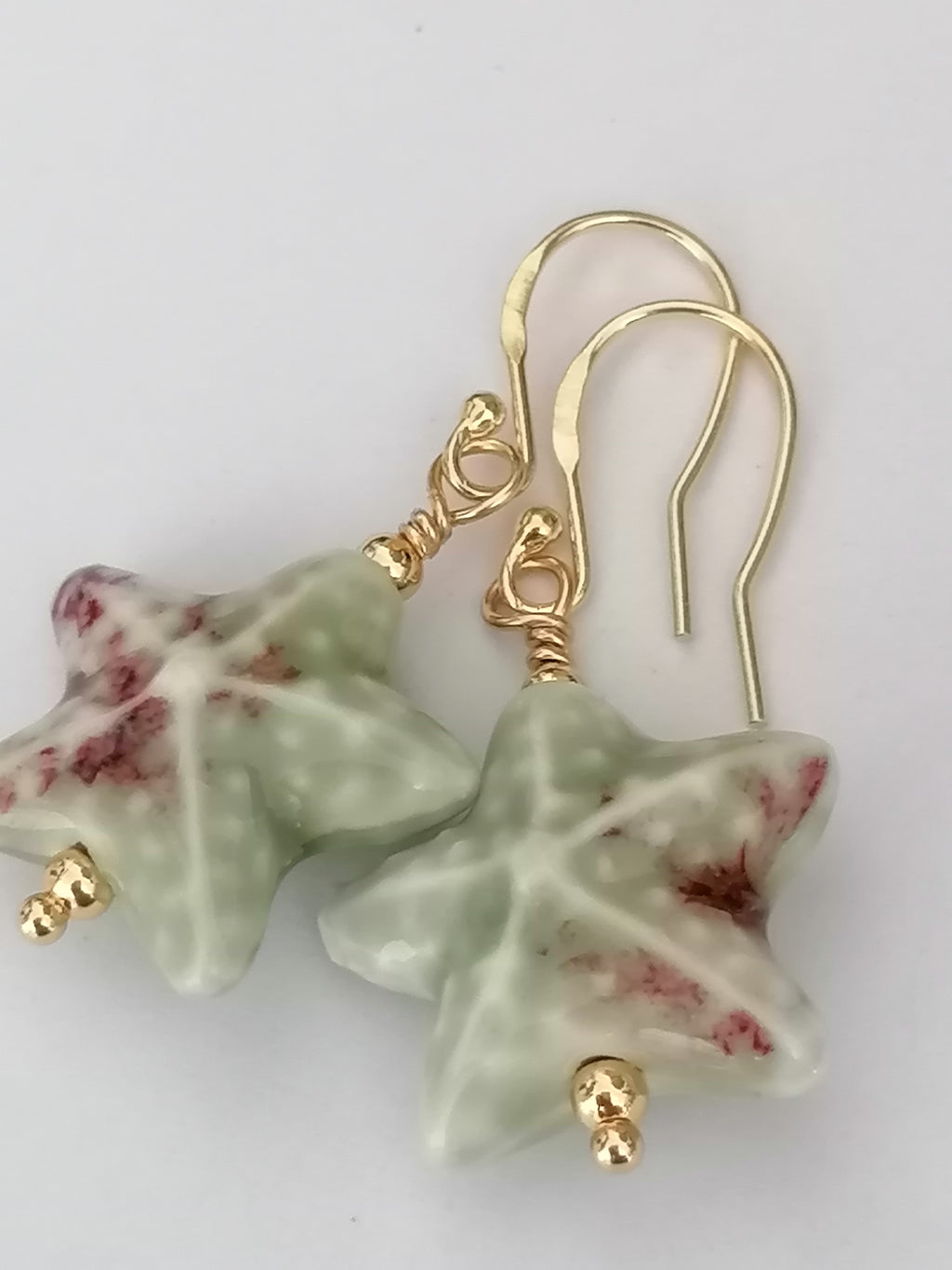 24ct Gold Vermeil 925 Sterling Silver Pastel Green Ceramic Starfish Drop Earrings