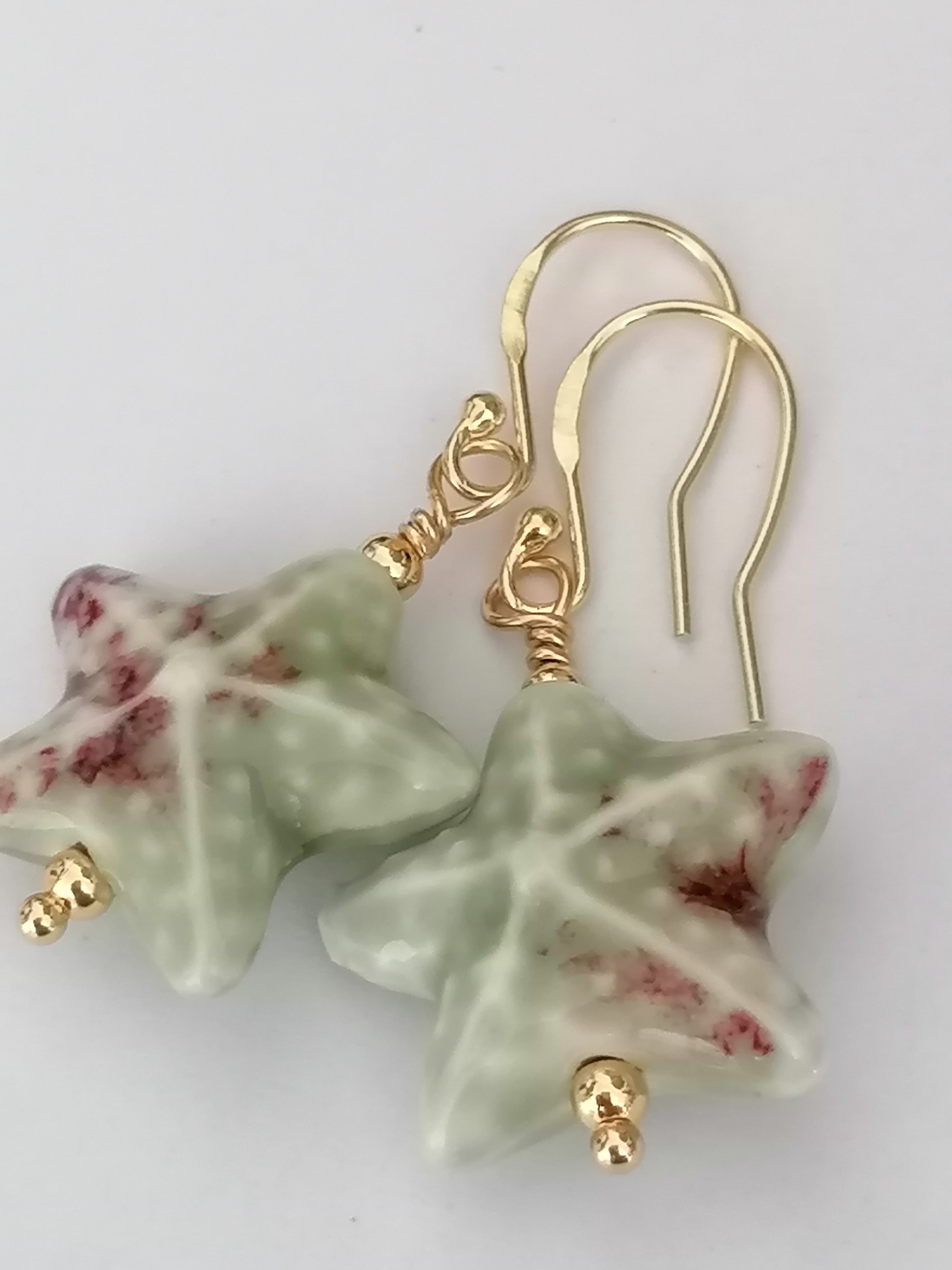24ct Gold Vermeil 925 Sterling Silver Pastel Green Ceramic Starfish Drop Earrings