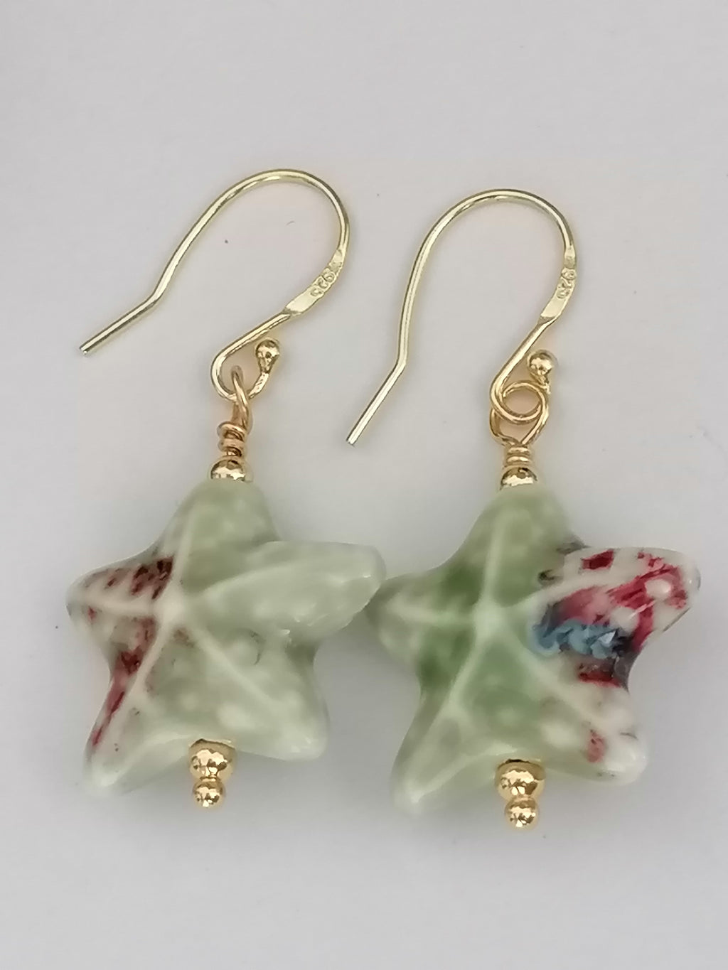 24ct Gold Vermeil 925 Sterling Silver Pastel Green Ceramic Starfish Drop Earrings