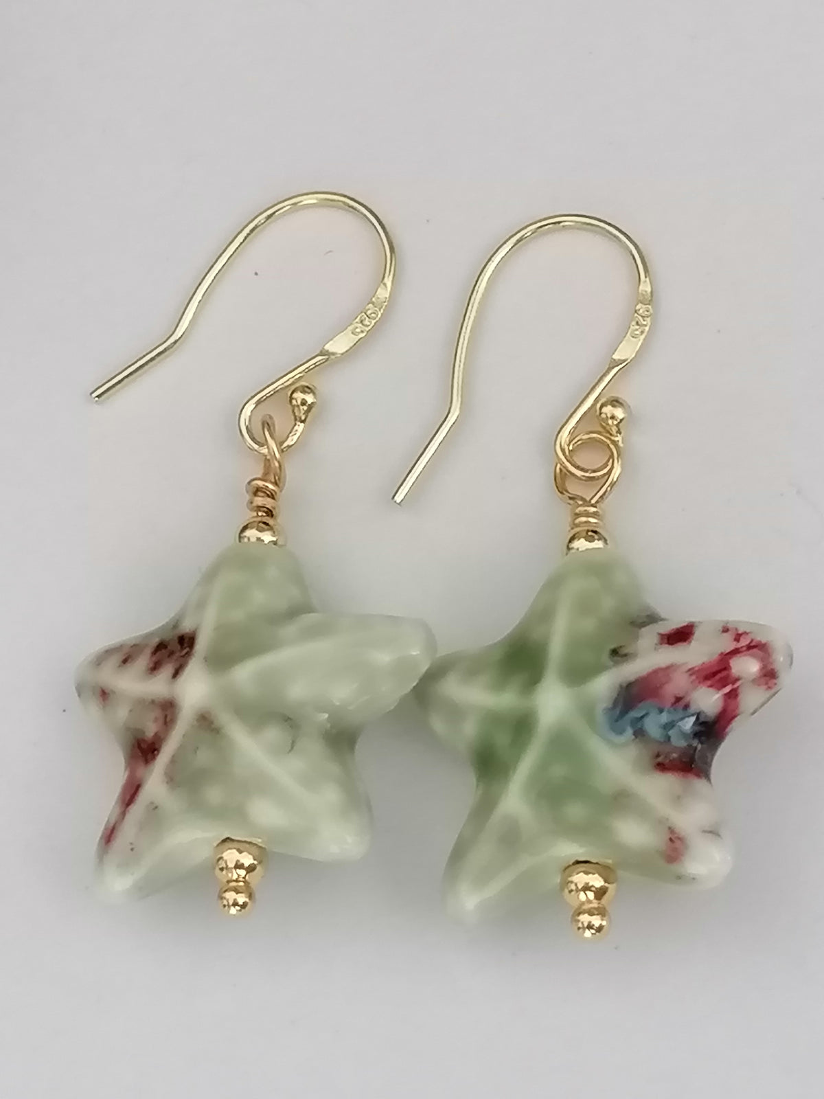 24ct Gold Vermeil 925 Sterling Silver Pastel Green Ceramic Starfish Drop Earrings