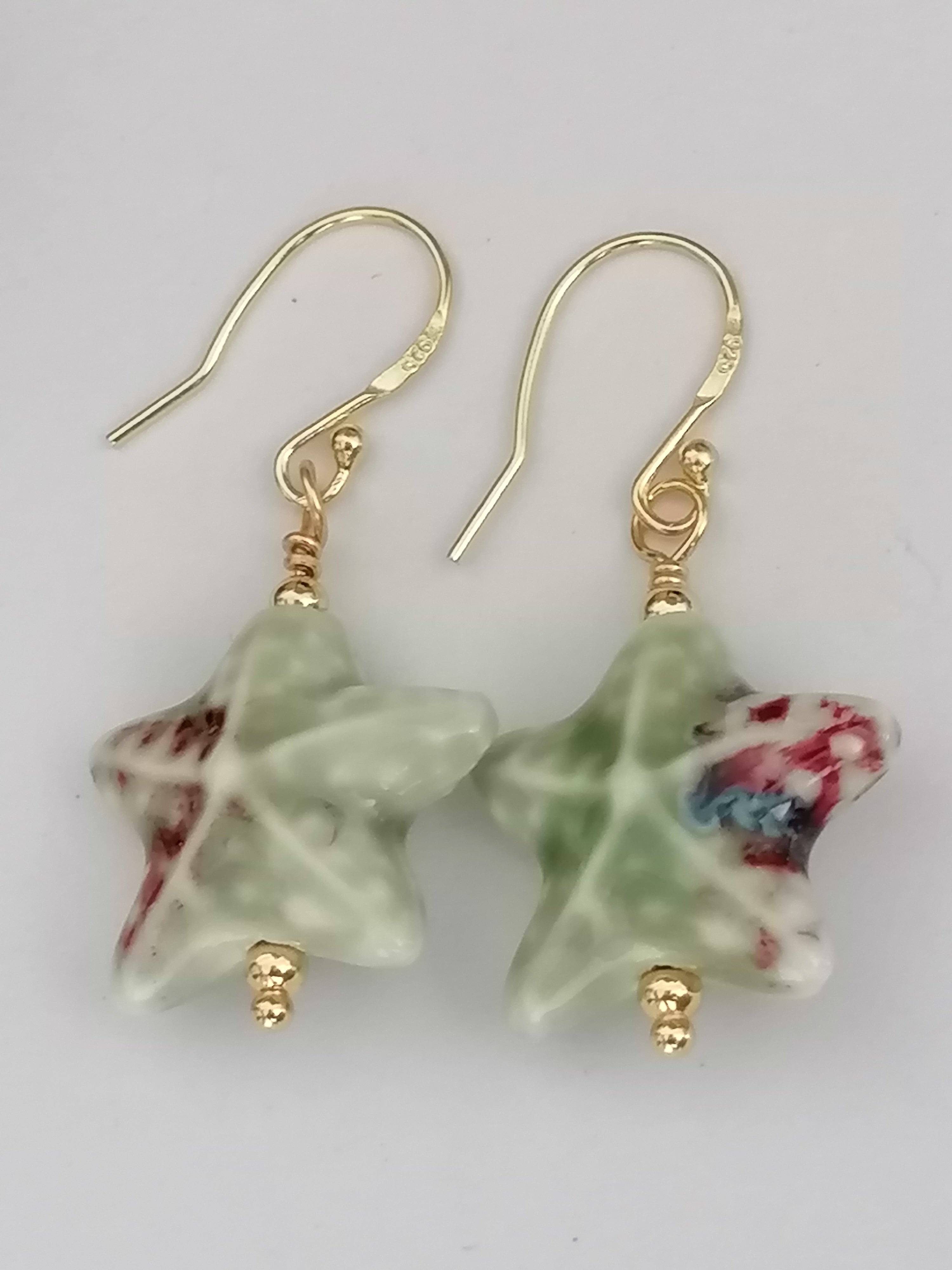 24ct Gold Vermeil 925 Sterling Silver Pastel Green Ceramic Starfish Drop Earrings