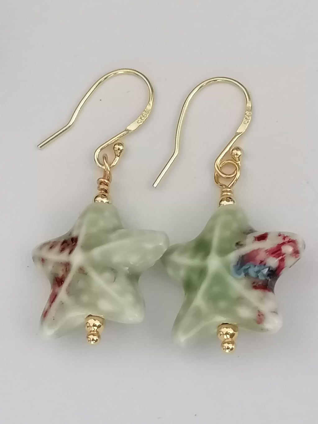 24ct Gold Vermeil 925 Sterling Silver Pastel Green Ceramic Starfish Drop Earrings