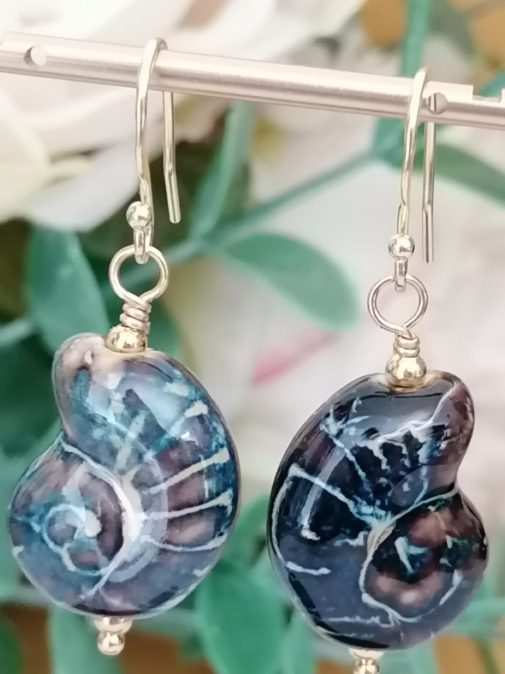 24ct Gold Vermeil 925 Sterling Silver Ceramic Nautilus Shell Drop Earrings
