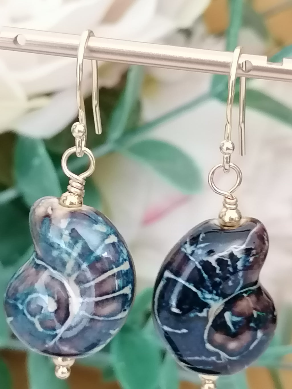 24ct Gold Vermeil 925 Sterling Silver Ceramic Nautilus Shell Drop Earrings