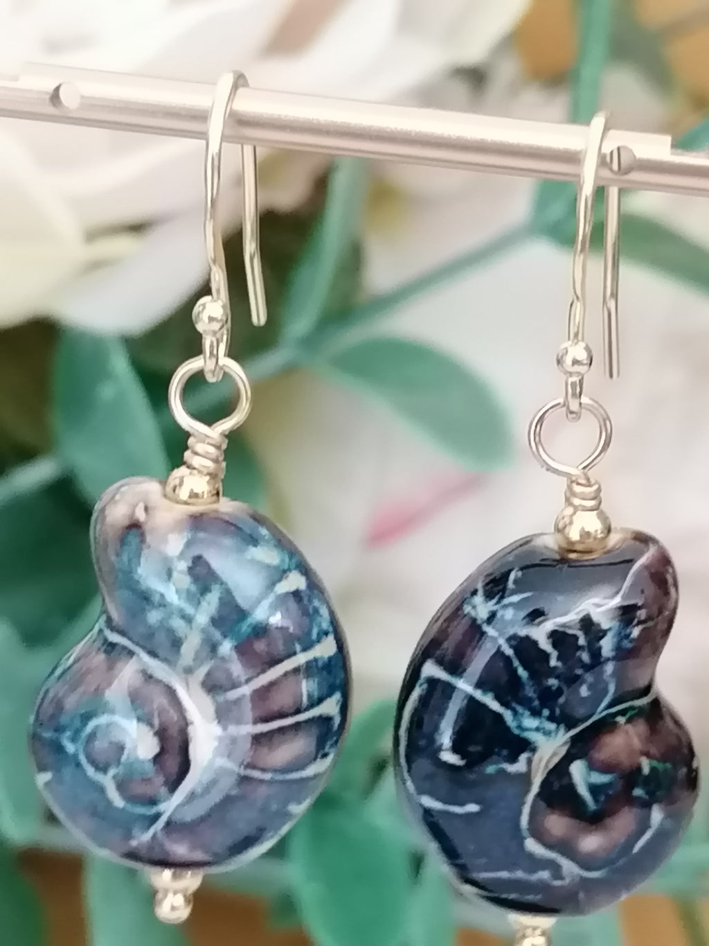 24ct Gold Vermeil 925 Sterling Silver Ceramic Nautilus Shell Drop Earrings