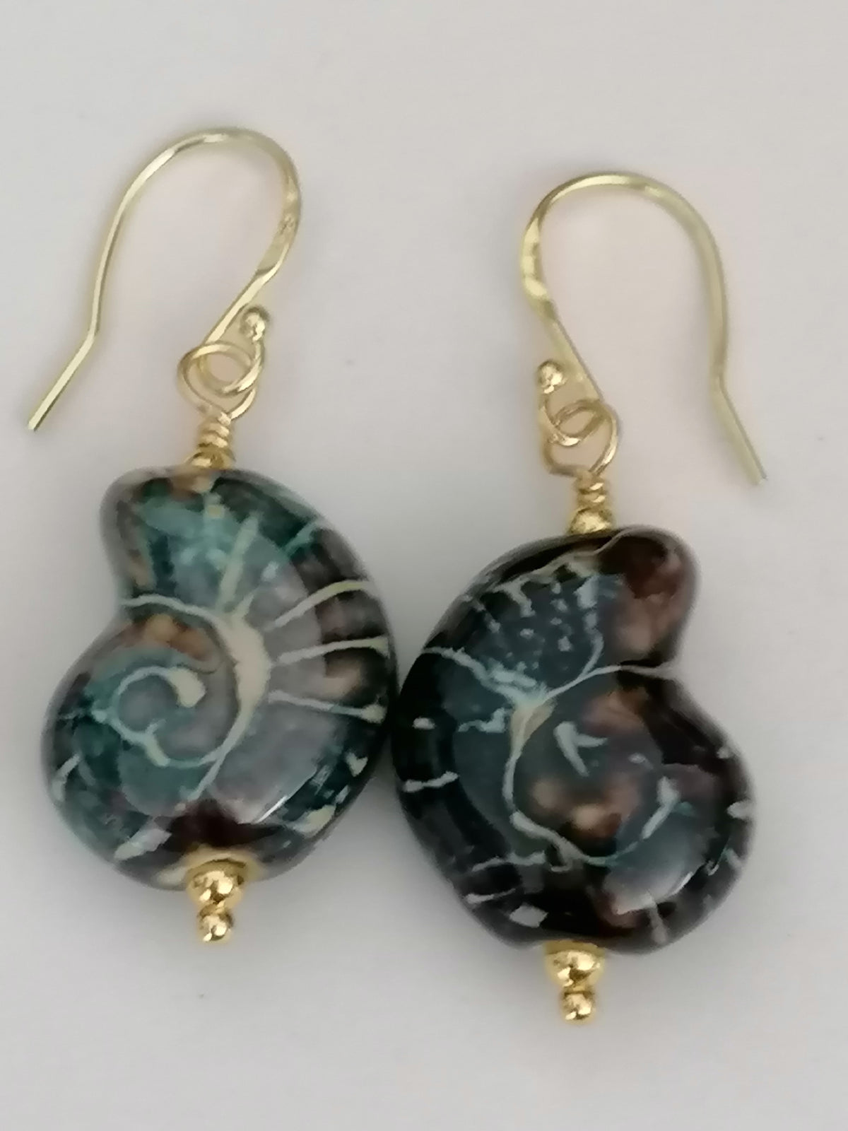 24ct Gold Vermeil 925 Sterling Silver Ceramic Nautilus Shell Drop Earrings