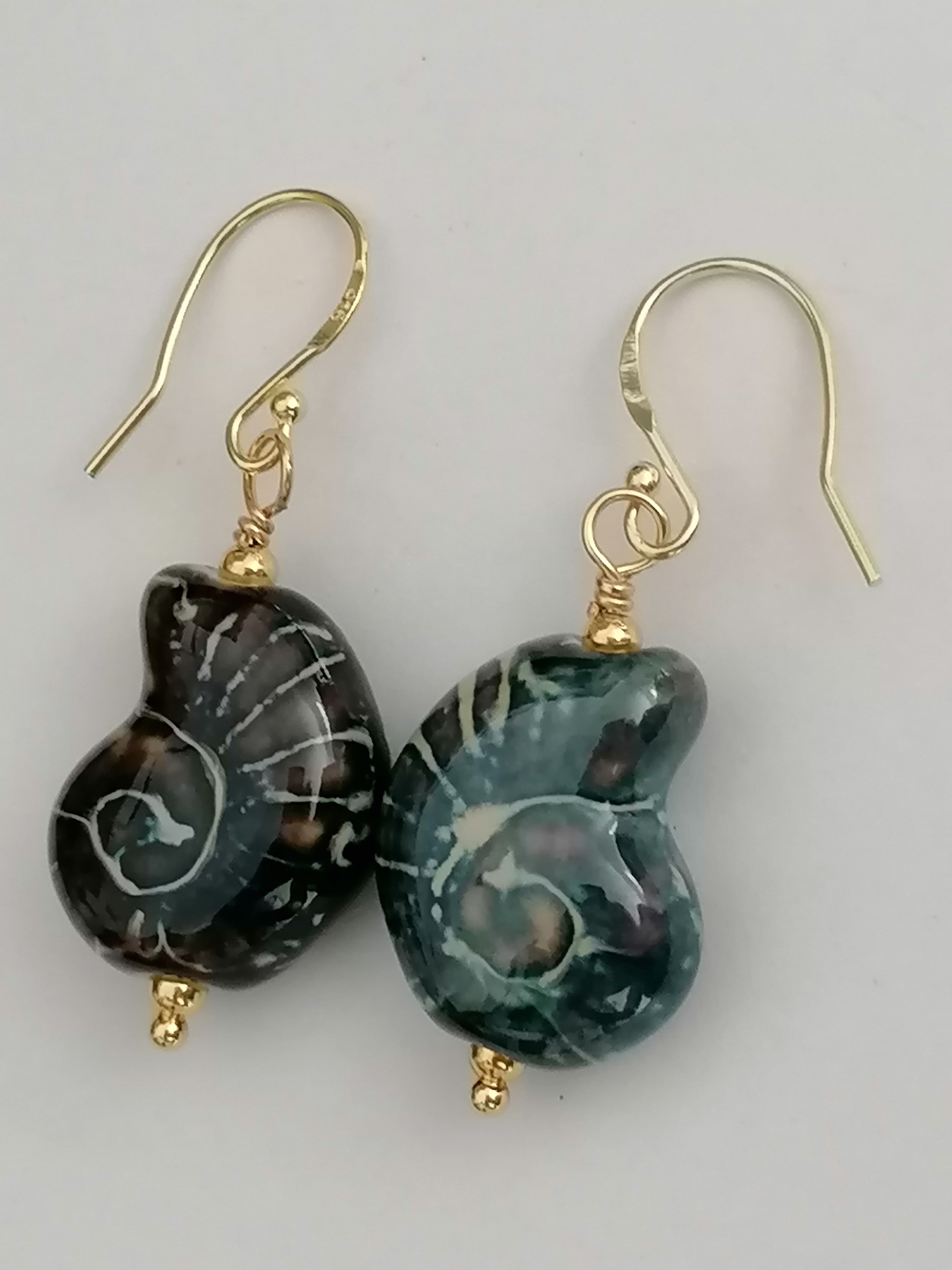 24ct Gold Vermeil 925 Sterling Silver Ceramic Nautilus Shell Drop Earrings