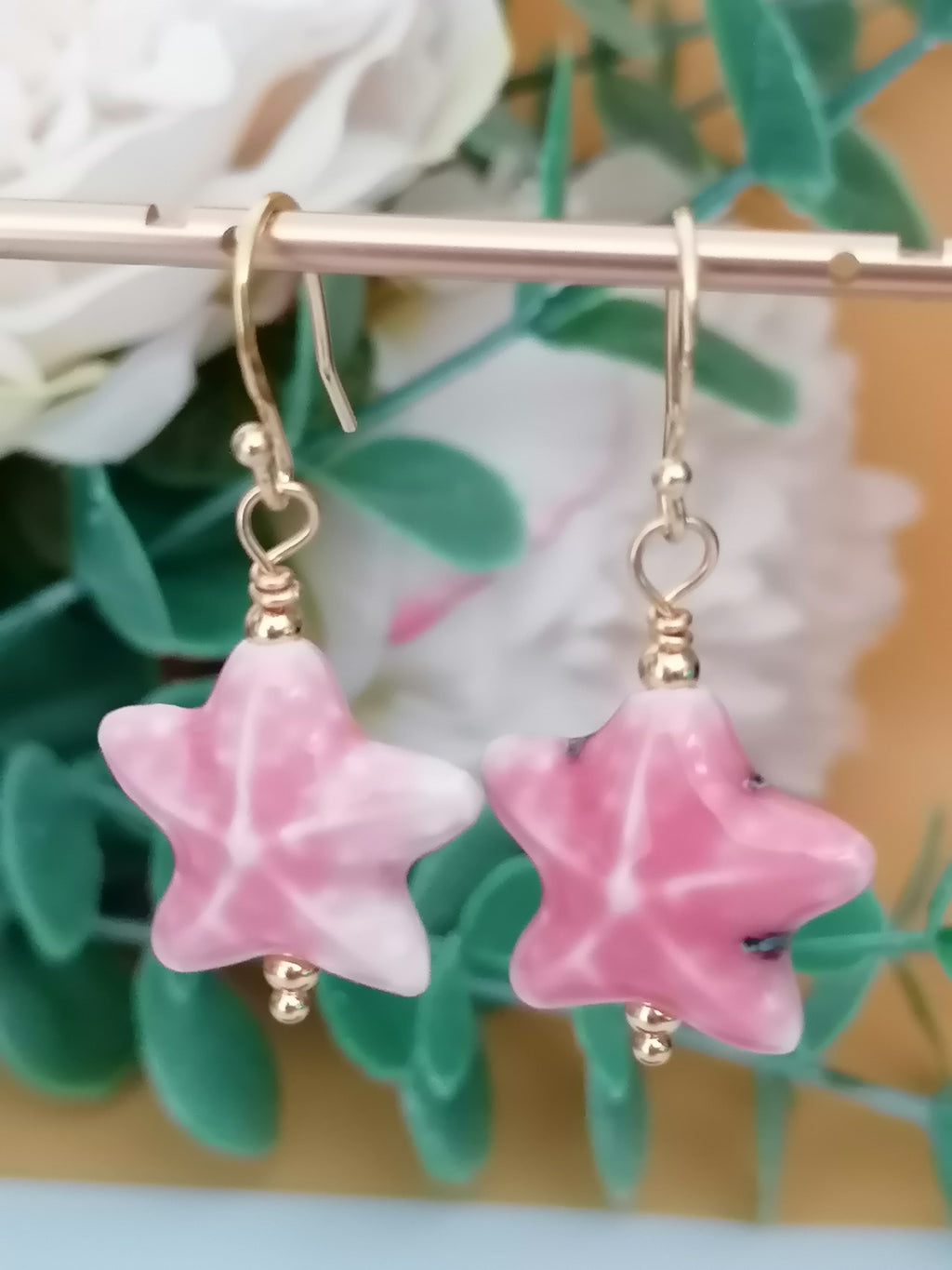 24ct Gold Vermeil 925 Sterling Silver Pink Ceramic Starfish Drop Earrings
