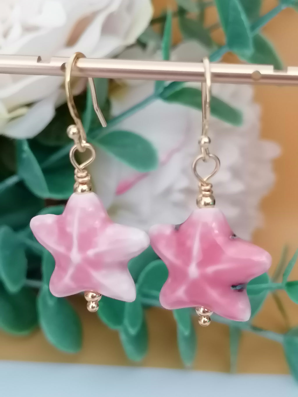 24ct Gold Vermeil 925 Sterling Silver Pink Ceramic Starfish Drop Earrings