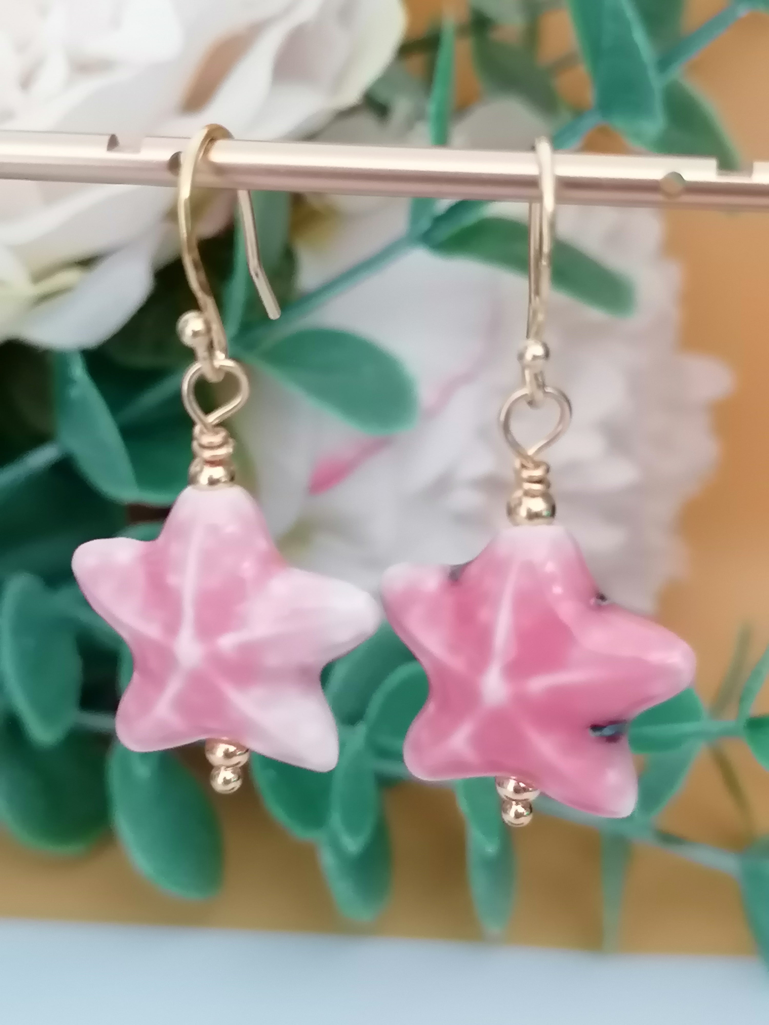 24ct Gold Vermeil 925 Sterling Silver Pink Ceramic Starfish Drop Earrings
