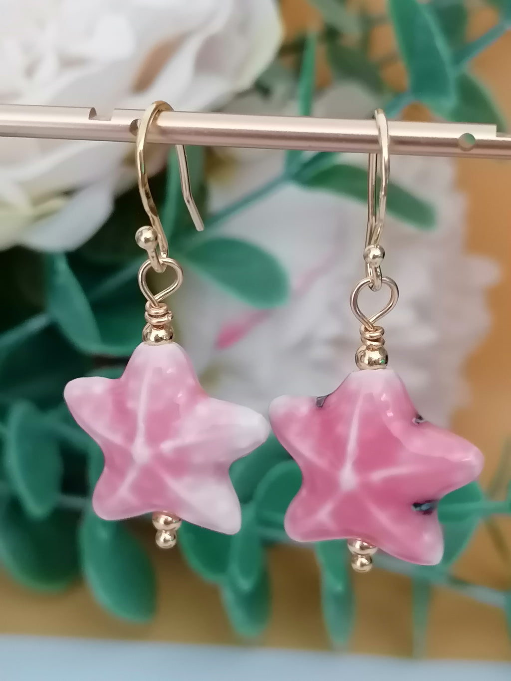 24ct Gold Vermeil 925 Sterling Silver Pink Ceramic Starfish Drop Earrings