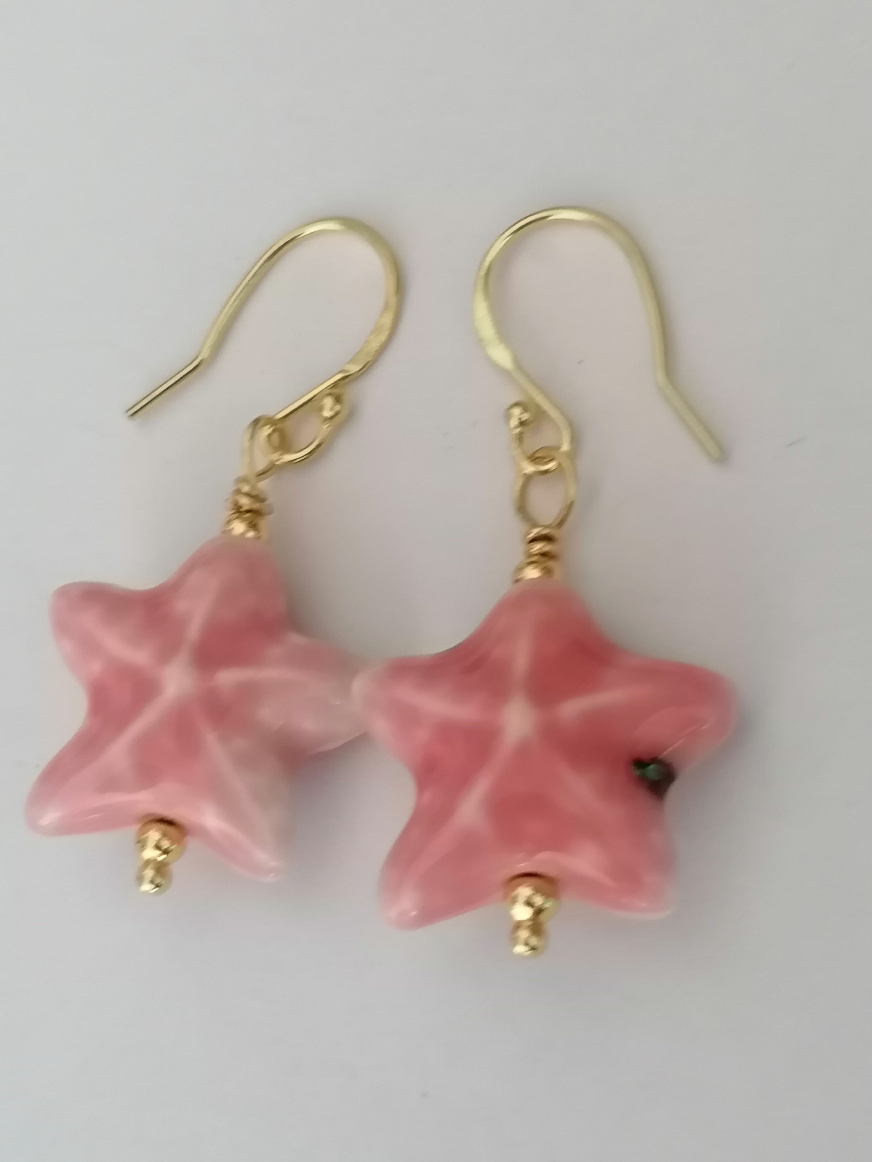 24ct Gold Vermeil 925 Sterling Silver Pink Ceramic Starfish Drop Earrings