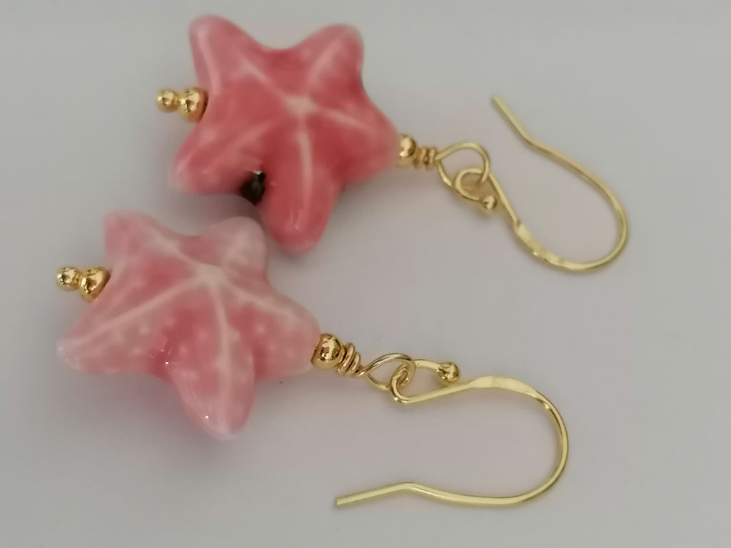 24ct Gold Vermeil 925 Sterling Silver Pink Ceramic Starfish Drop Earrings
