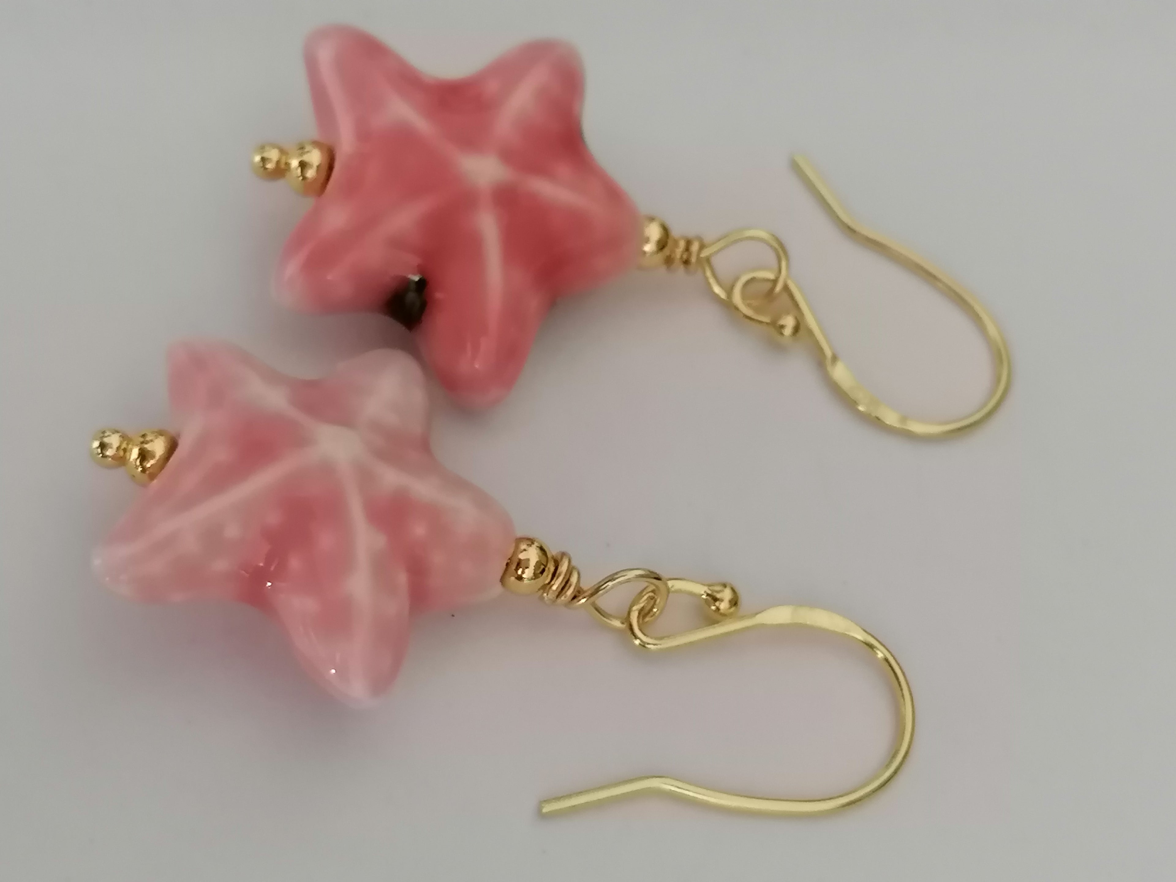 24ct Gold Vermeil 925 Sterling Silver Pink Ceramic Starfish Drop Earrings