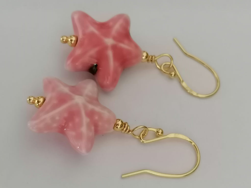 24ct Gold Vermeil 925 Sterling Silver Pink Ceramic Starfish Drop Earrings