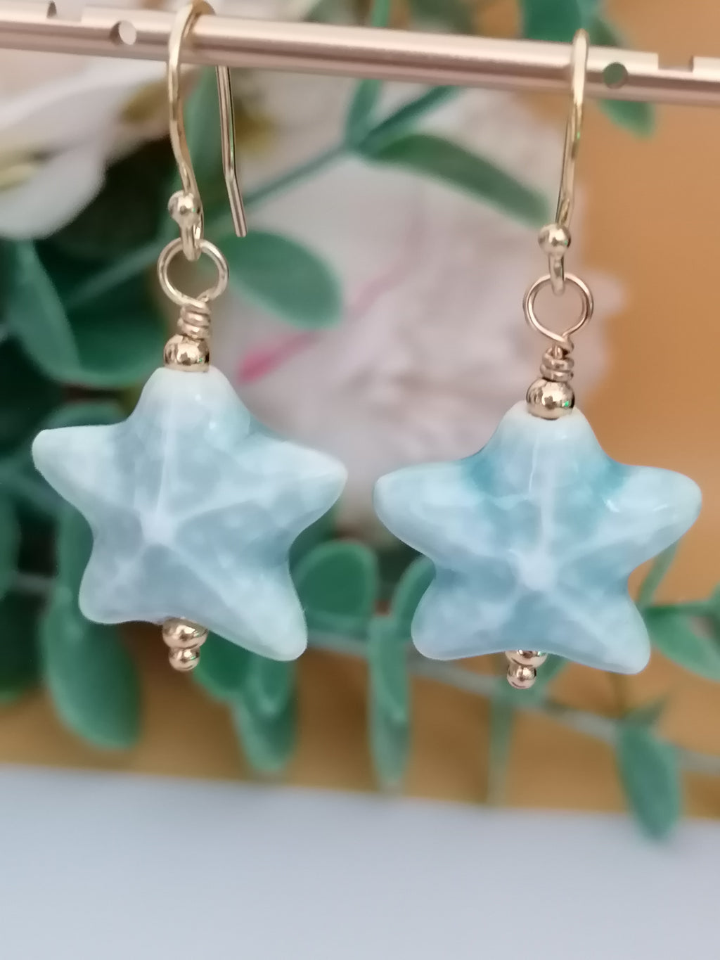 24ct Gold Vermeil 925 Sterling Silver Light Blue Ceramic Starfish Drop Earrings