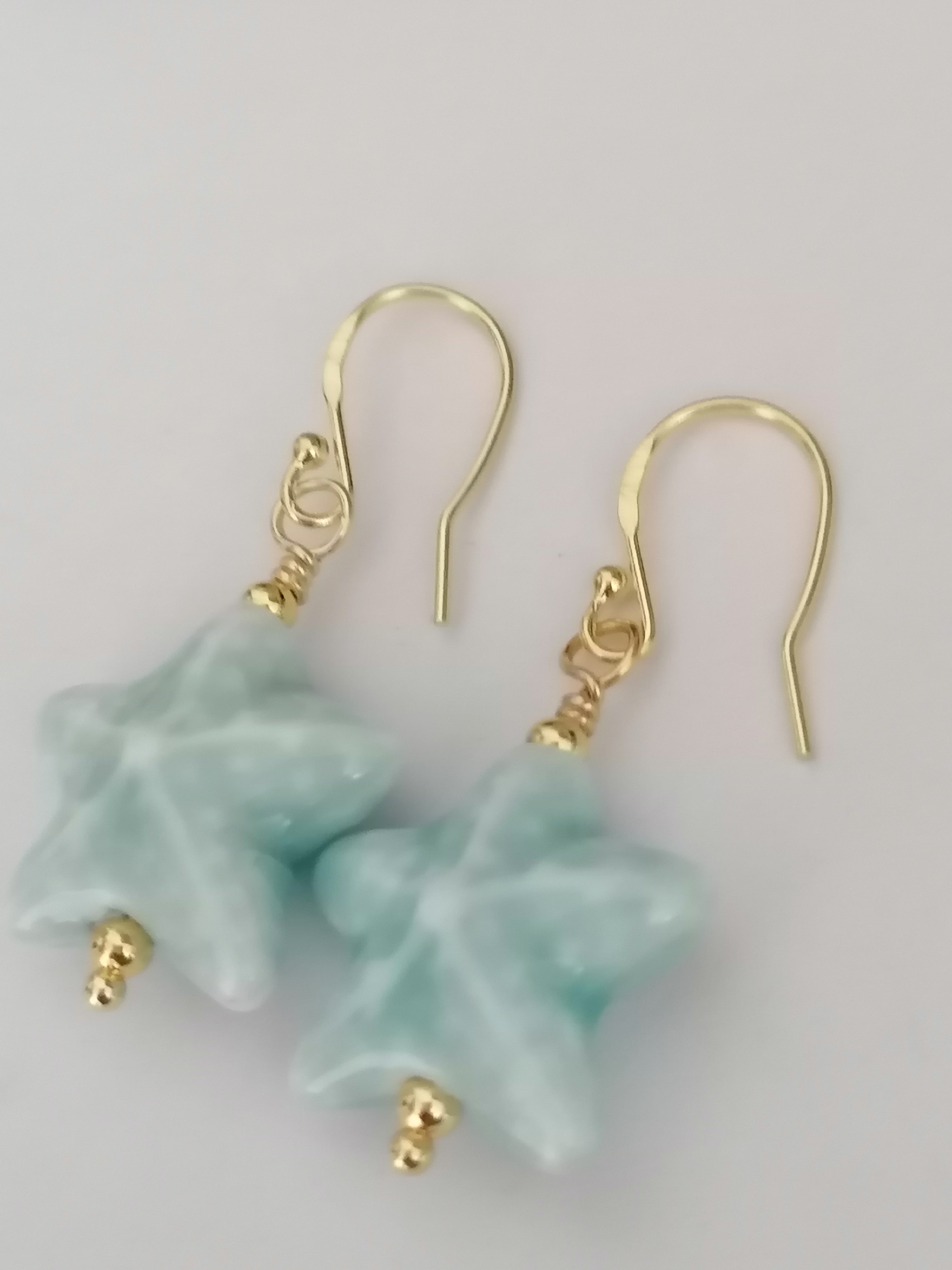 24ct Gold Vermeil 925 Sterling Silver Light Blue Ceramic Starfish Drop Earrings