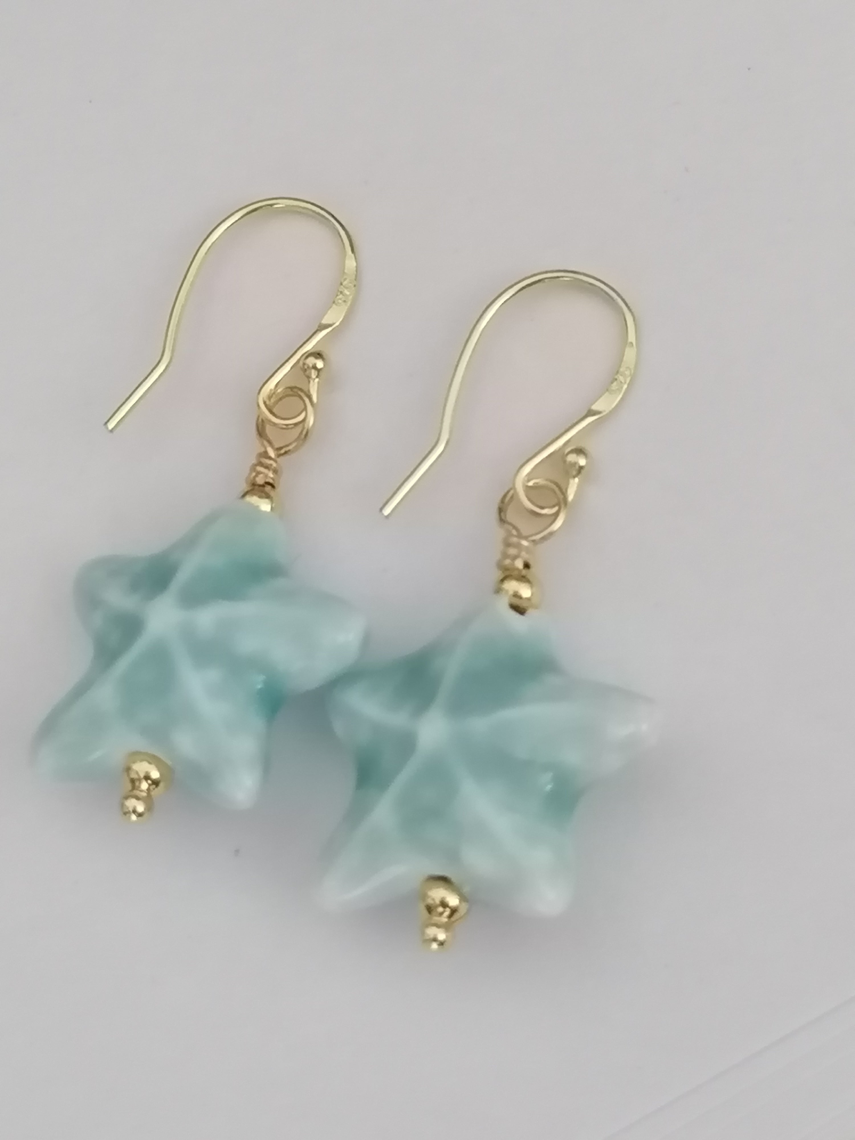 24ct Gold Vermeil 925 Sterling Silver Light Blue Ceramic Starfish Drop Earrings