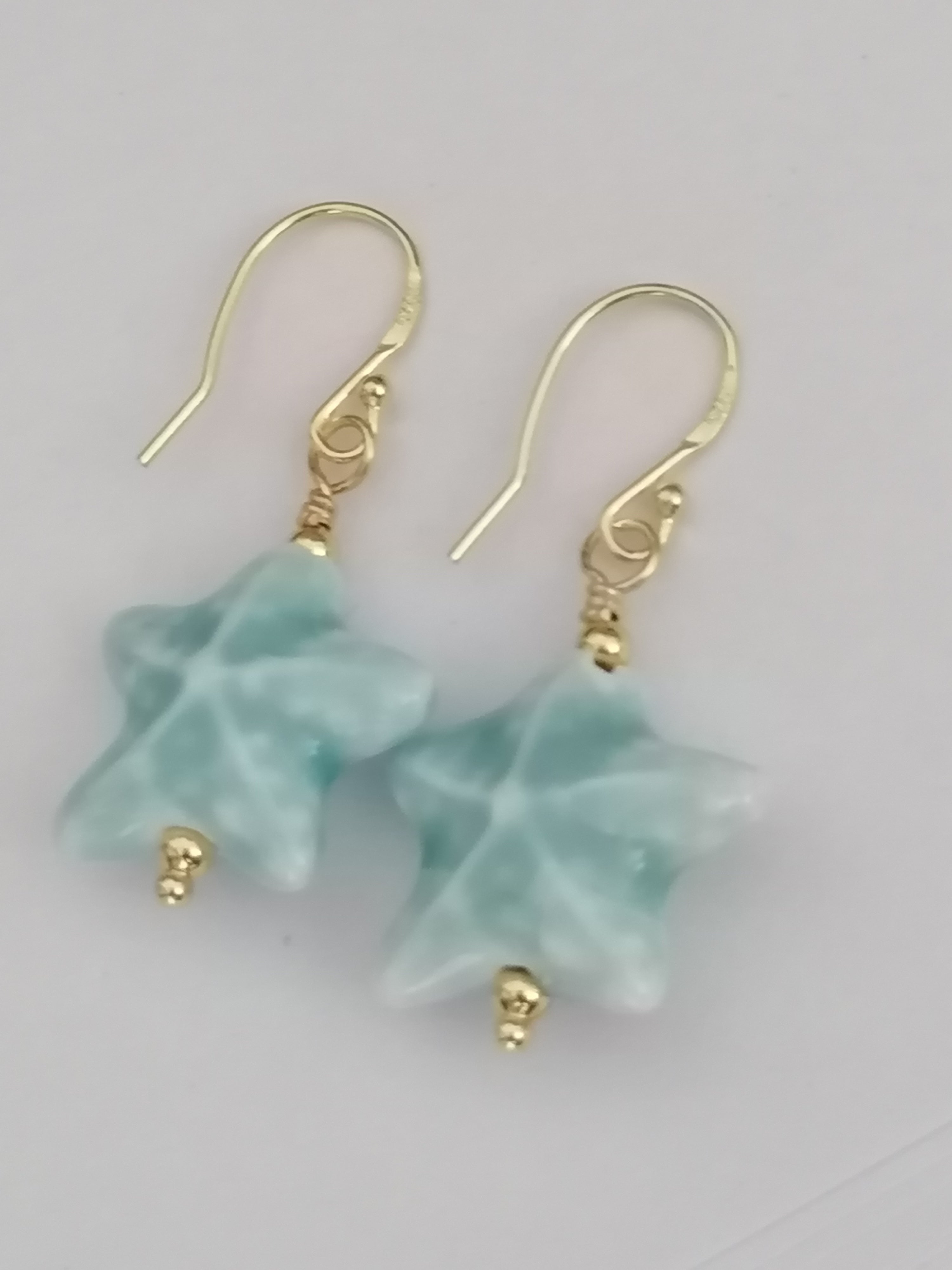 24ct Gold Vermeil 925 Sterling Silver Light Blue Ceramic Starfish Drop Earrings