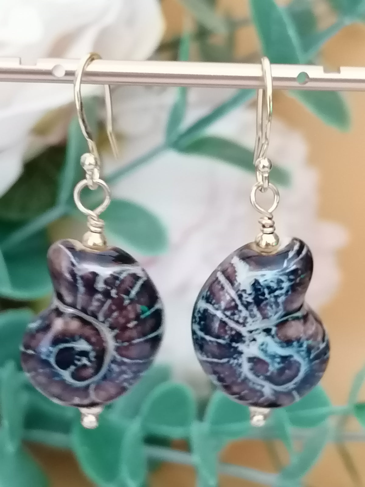 24ct Gold Vermeil 925 Sterling Silver Ceramic Nautilus Shell Drop Earrings