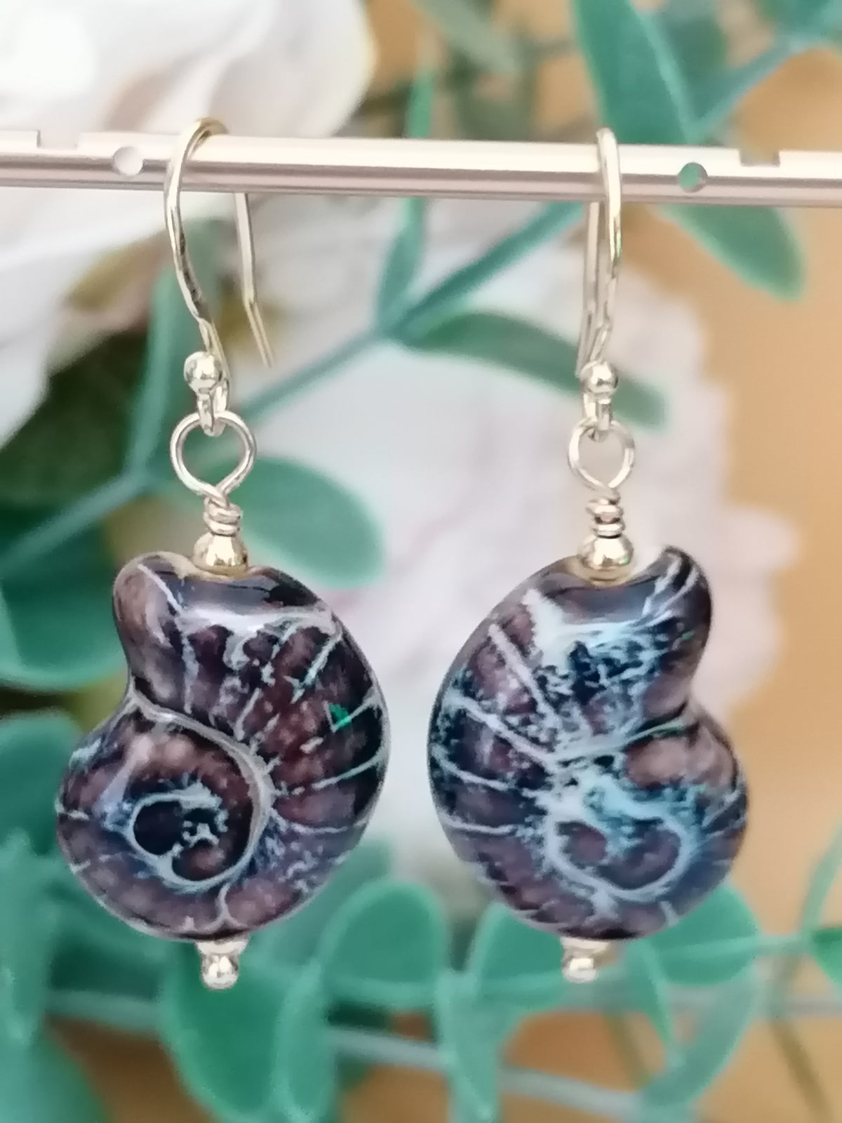 24ct Gold Vermeil 925 Sterling Silver Ceramic Nautilus Shell Drop Earrings