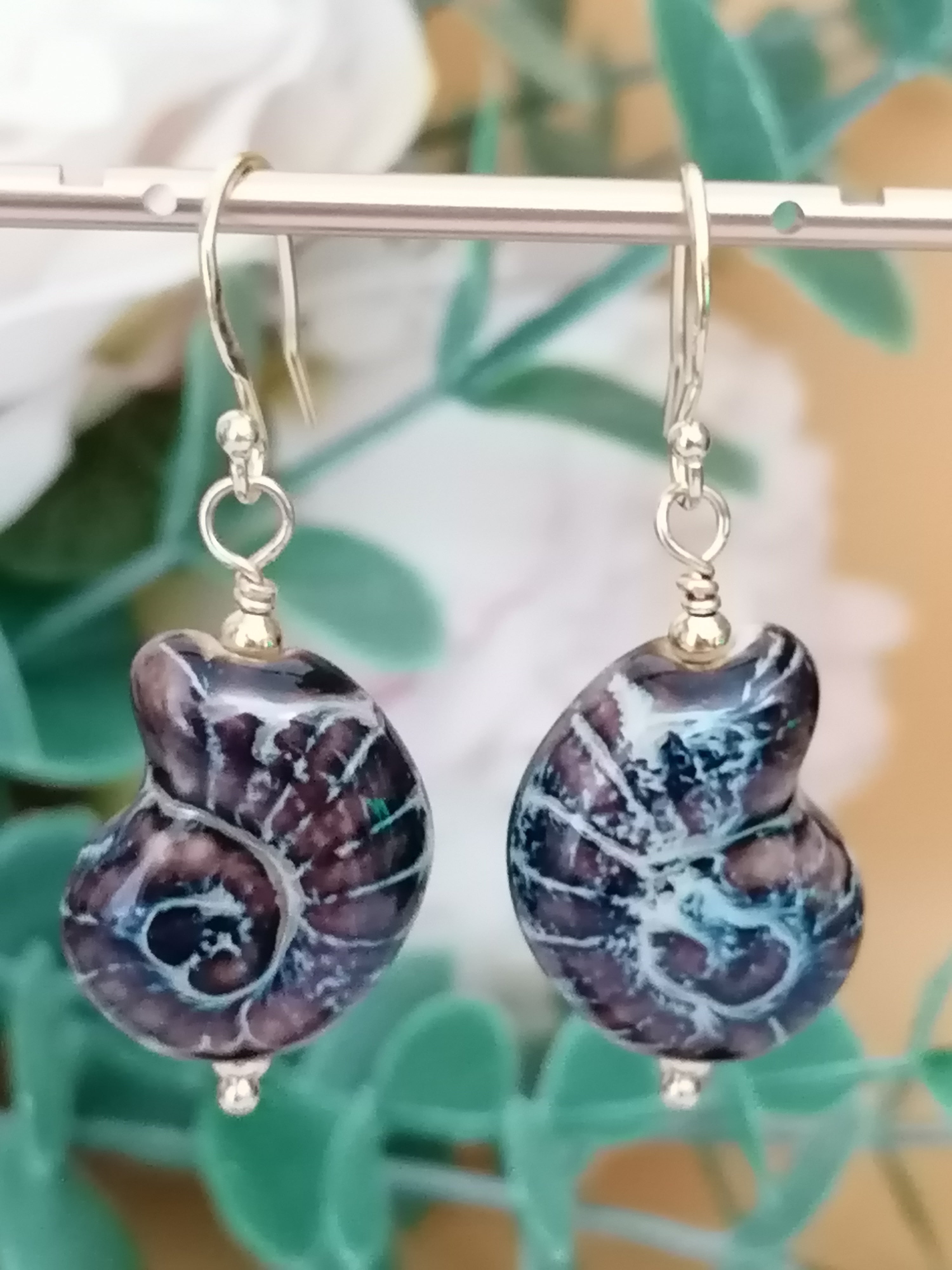24ct Gold Vermeil 925 Sterling Silver Ceramic Nautilus Shell Drop Earrings