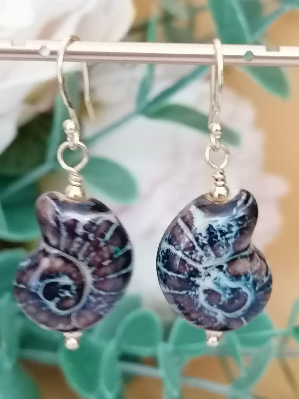 24ct Gold Vermeil 925 Sterling Silver Ceramic Nautilus Shell Drop Earrings
