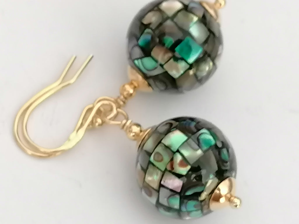 Abalone Shell Mosaic Ball Drop Earrings in 24ct Gold Vermeil over 925 sterling silver