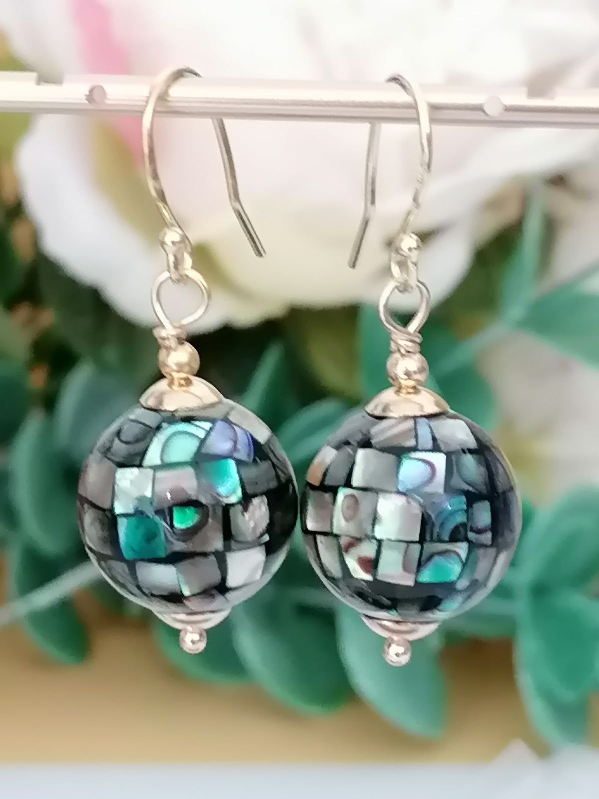 Abalone Shell Mosaic Ball Drop Earrings in 24ct Gold Vermeil over 925 sterling silver