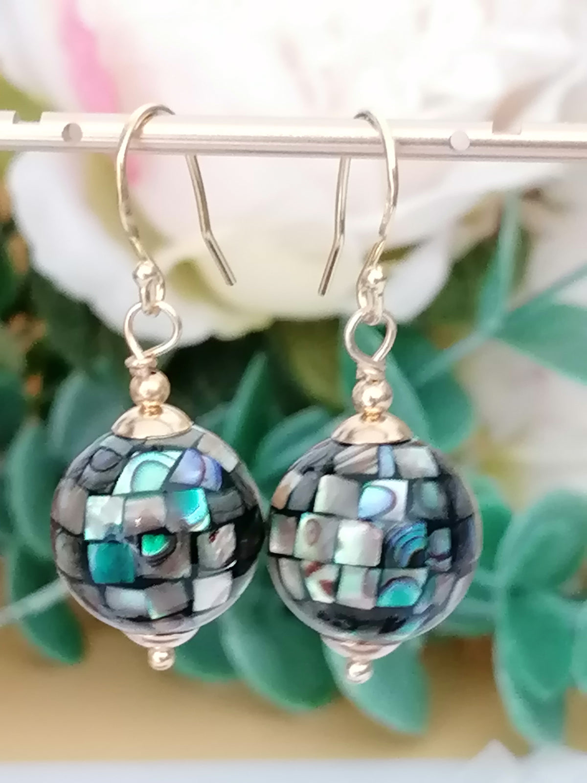 Abalone Shell Mosaic Ball Drop Earrings in 24ct Gold Vermeil over 925 sterling silver