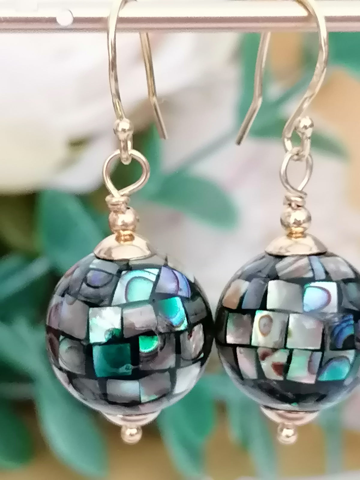 Abalone Shell Mosaic Ball Drop Earrings in 24ct Gold Vermeil over 925 sterling silver