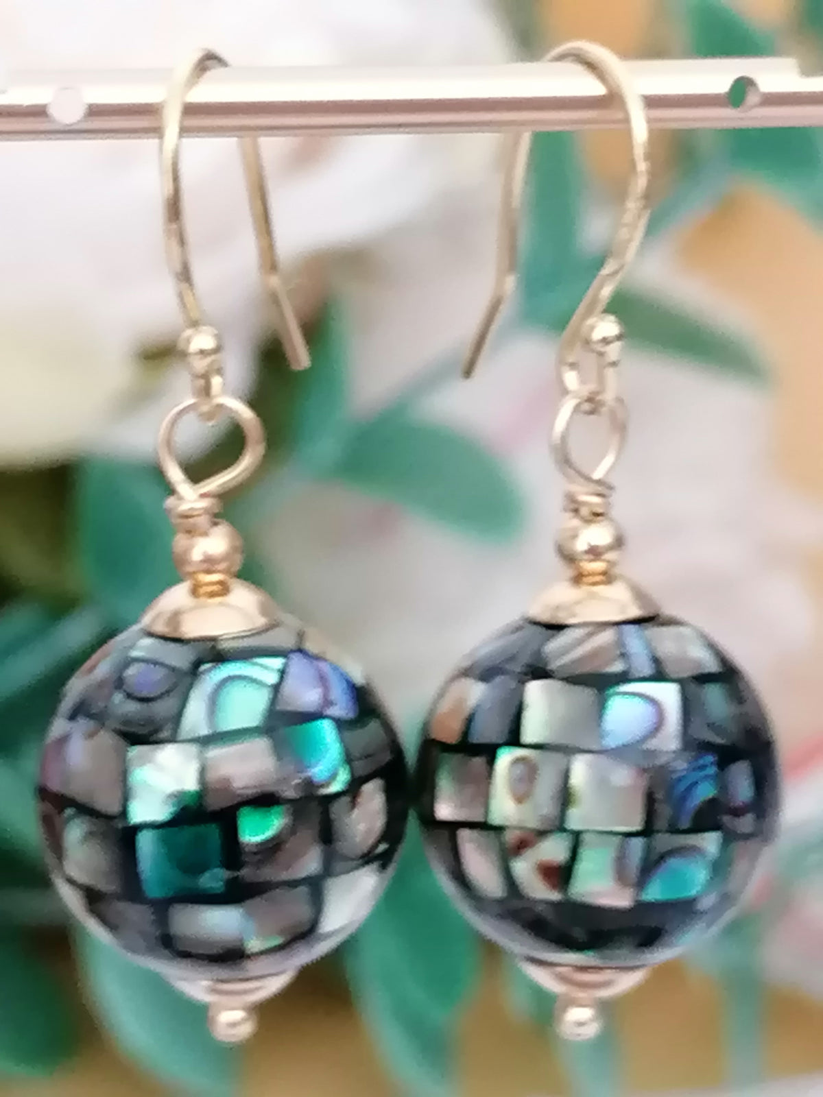 Abalone Shell Mosaic Ball Drop Earrings in 24ct Gold Vermeil over 925 sterling silver