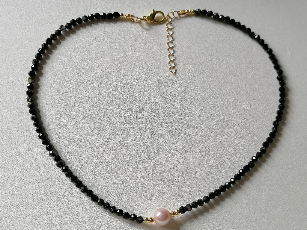 Black Tourmaline and Cultured Freshwater Pearl Necklace