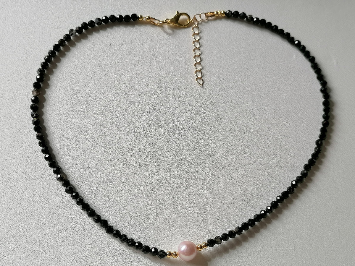 Black Tourmaline and Cultured Freshwater Pearl Necklace