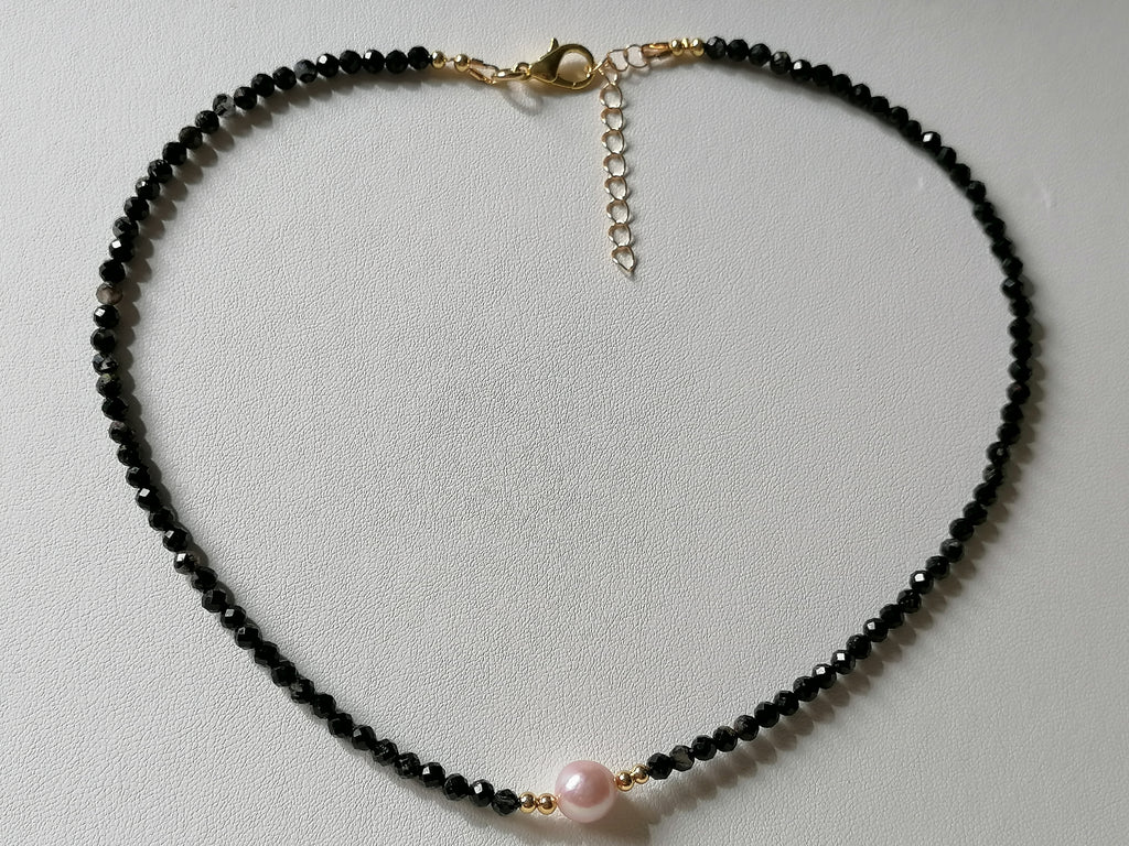 Black Tourmaline and Cultured Freshwater Pearl Necklace