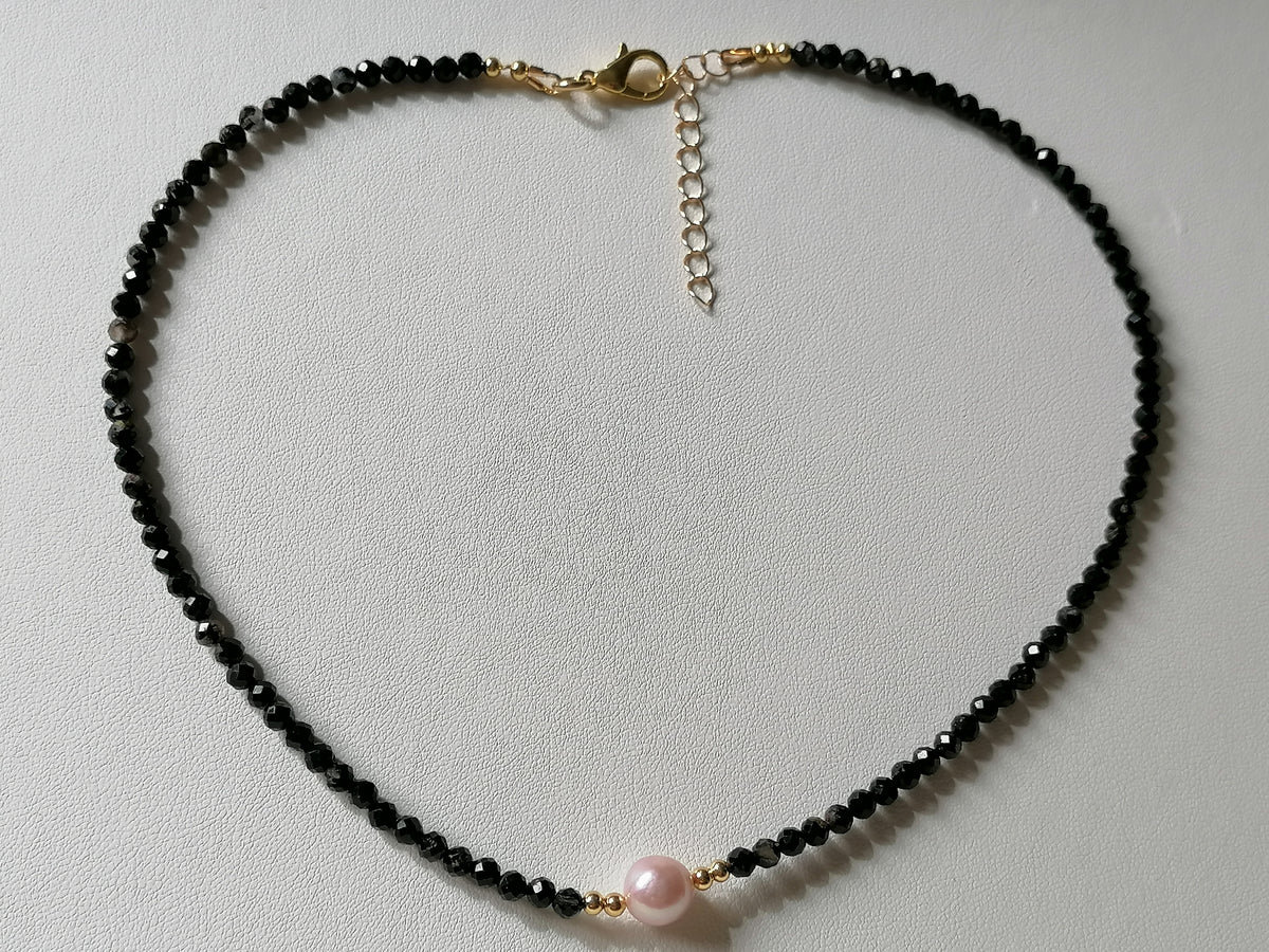 Black Tourmaline and Cultured Freshwater Pearl Necklace
