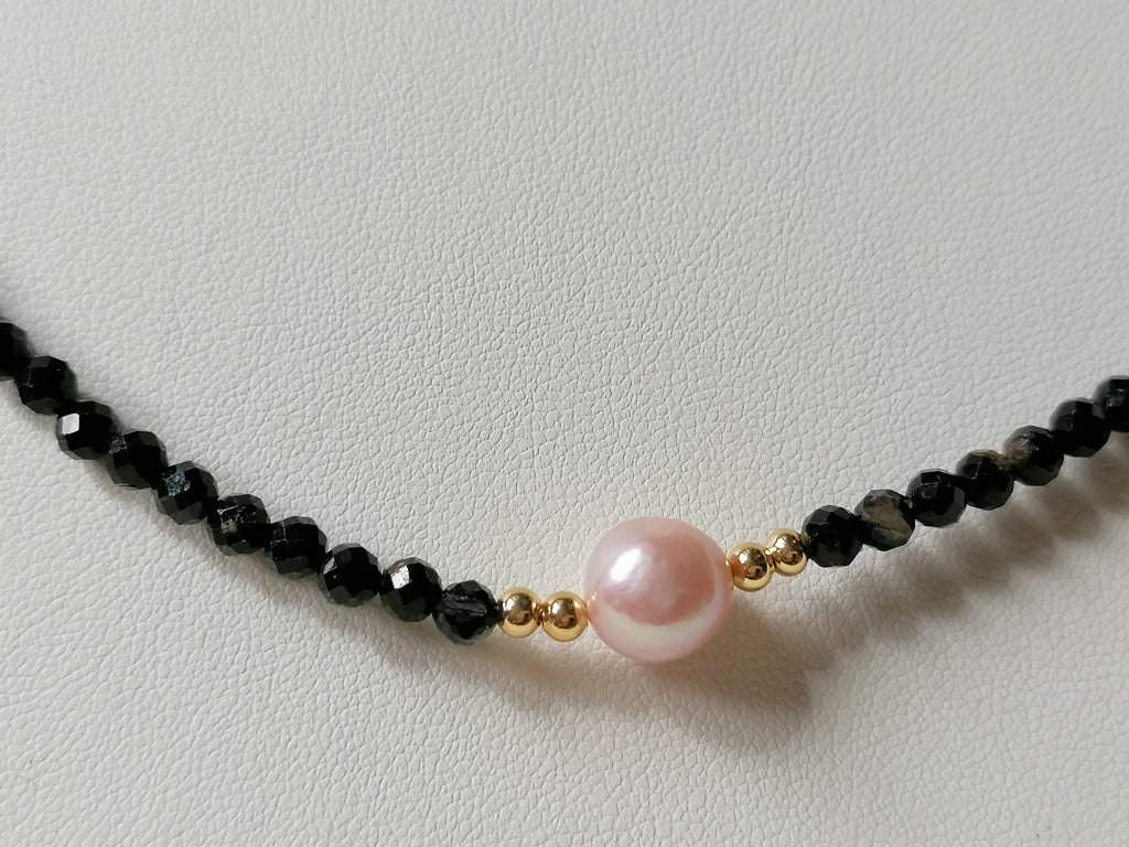 Black Tourmaline and Cultured Freshwater Pearl Necklace