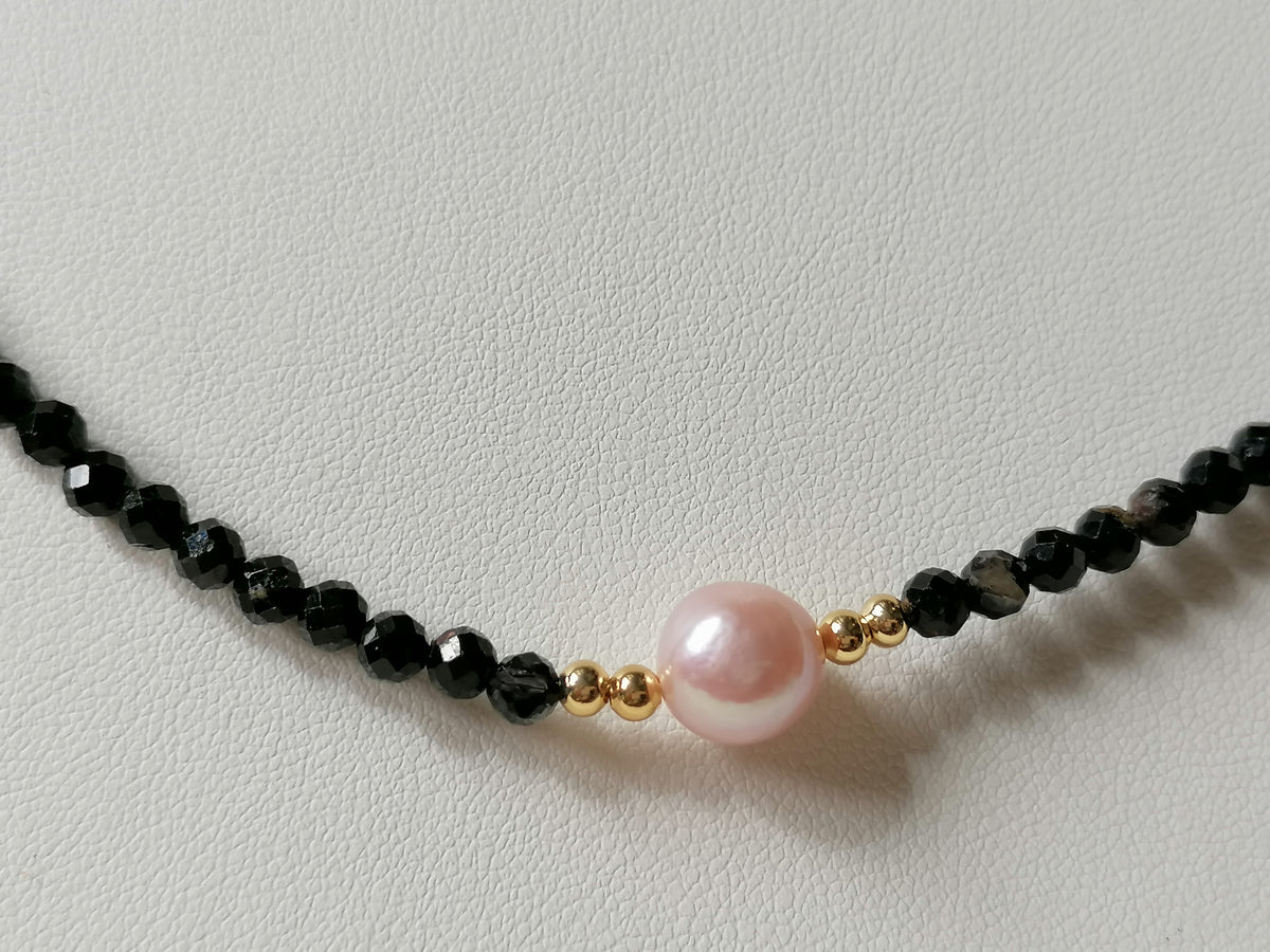 Black Tourmaline and Cultured Freshwater Pearl Necklace