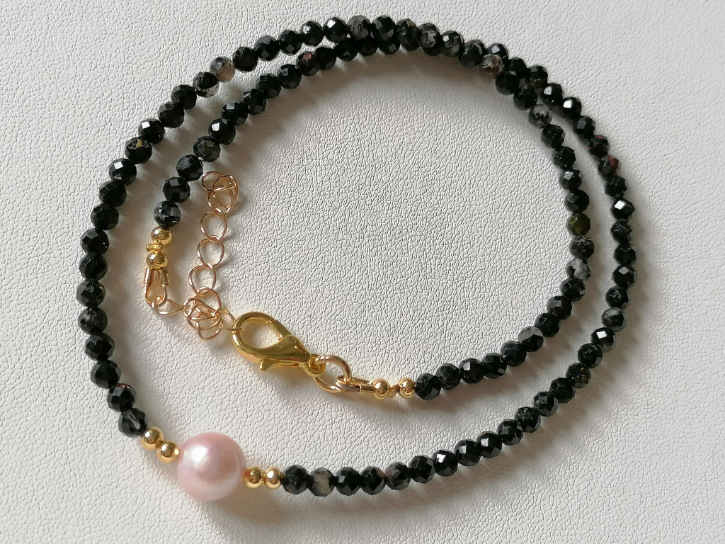 Black Tourmaline and Cultured Freshwater Pearl Necklace