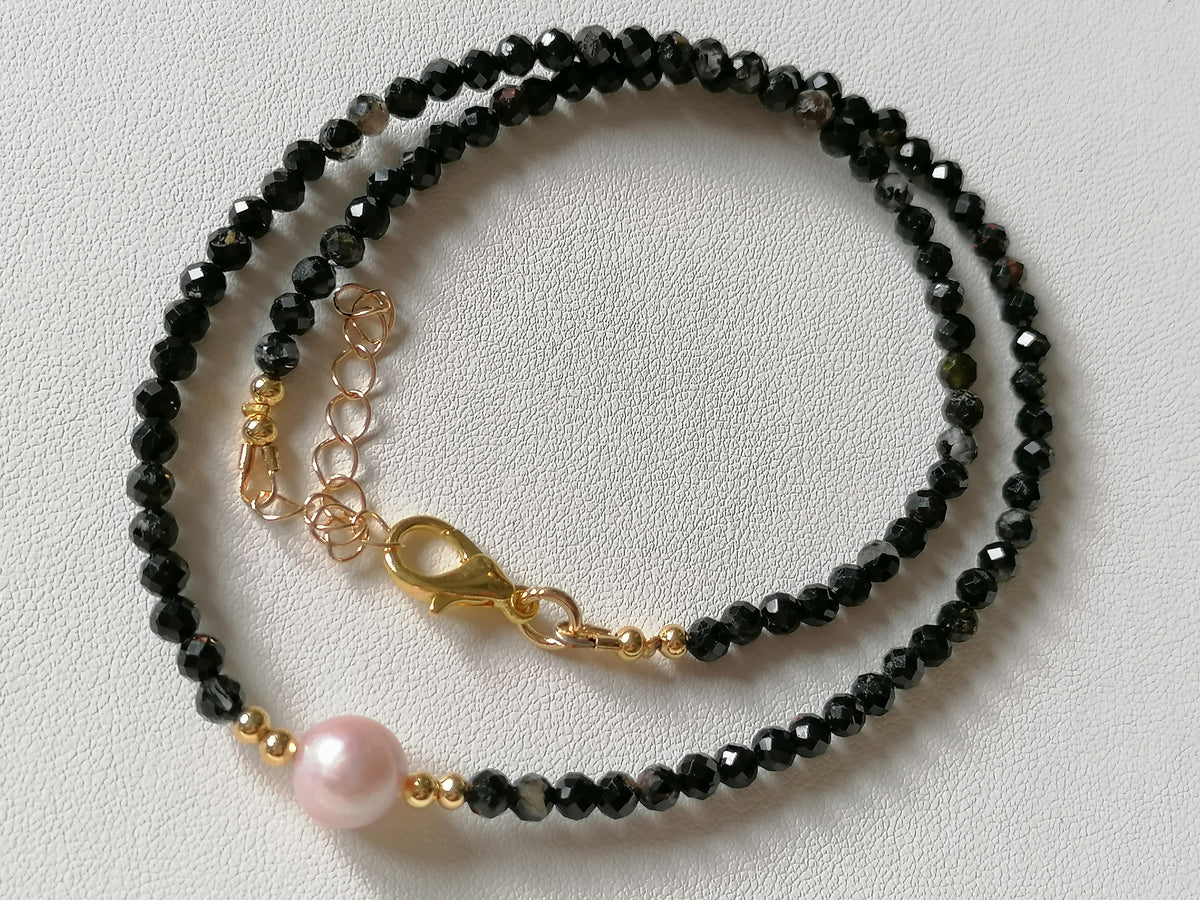 Black Tourmaline and Cultured Freshwater Pearl Necklace
