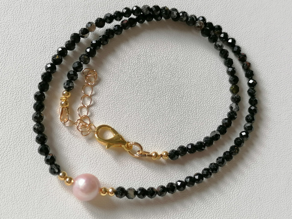 Black Tourmaline and Cultured Freshwater Pearl Necklace