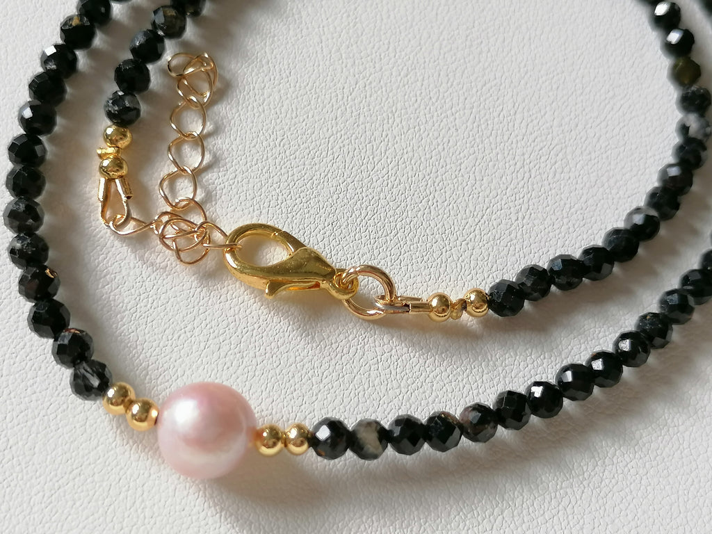Black Tourmaline and Cultured Freshwater Pearl Necklace