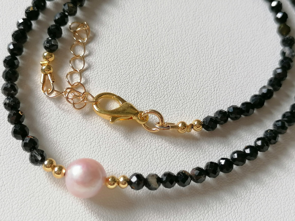 Black Tourmaline and Cultured Freshwater Pearl Necklace
