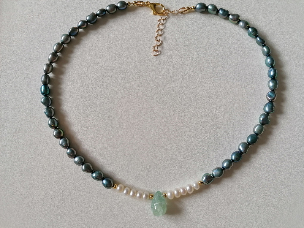 Blue Grey Baroque Pearl & Aquamarine Teardrop Necklace