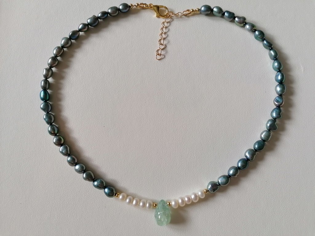 Blue Grey Baroque Pearl & Aquamarine Teardrop Necklace
