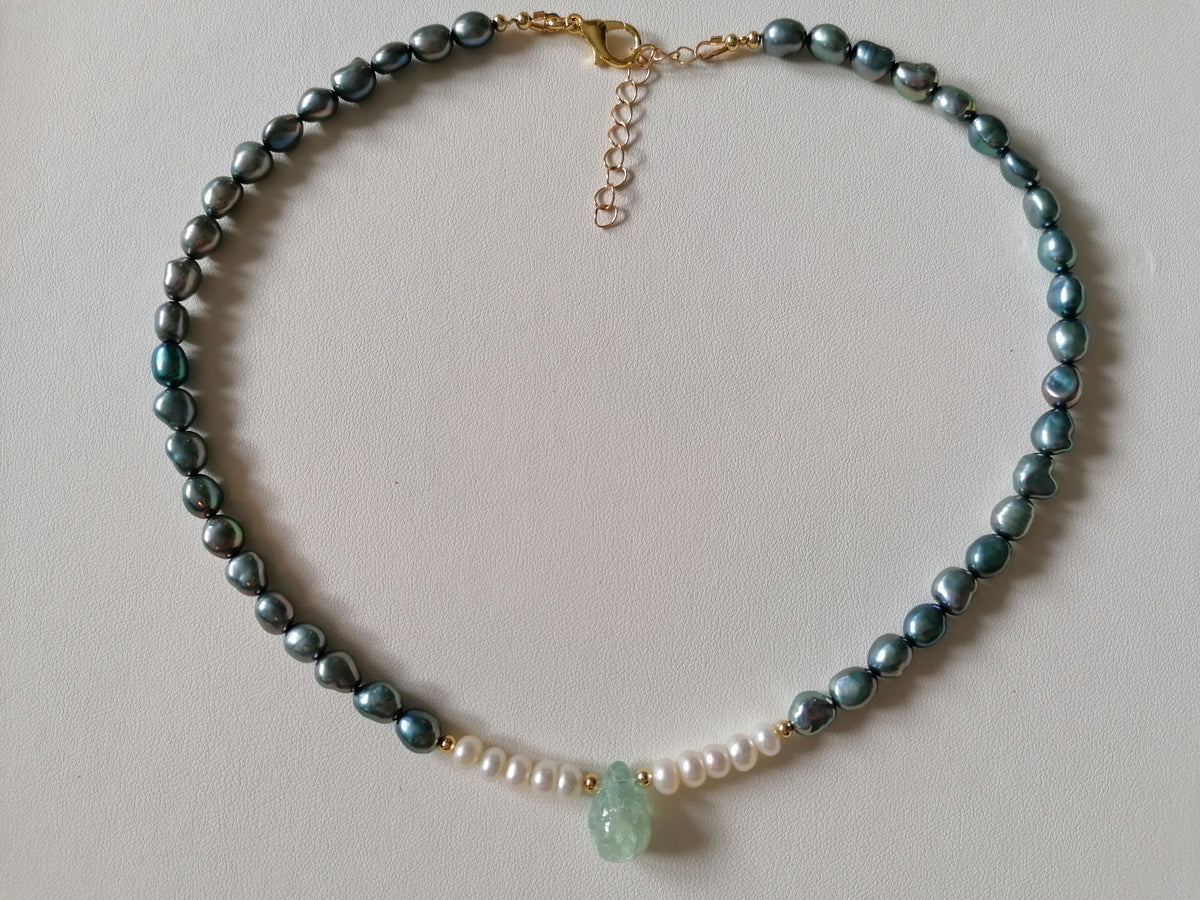 Blue Grey Baroque Pearl & Aquamarine Teardrop Necklace