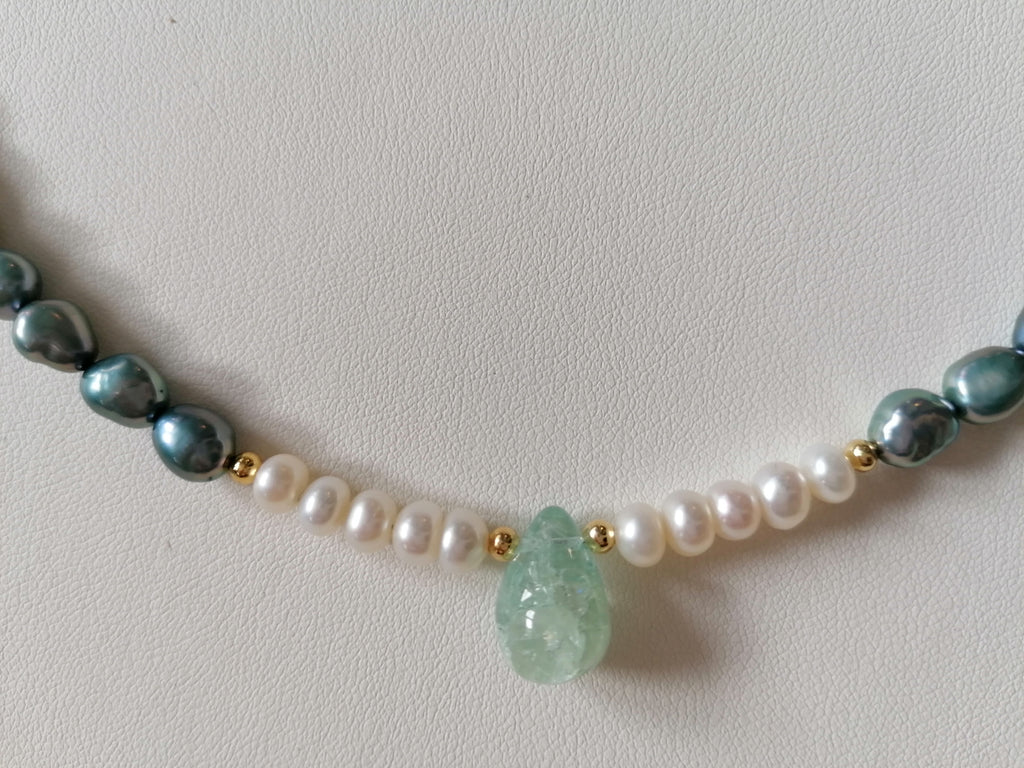 Blue Grey Baroque Pearl & Aquamarine Teardrop Necklace