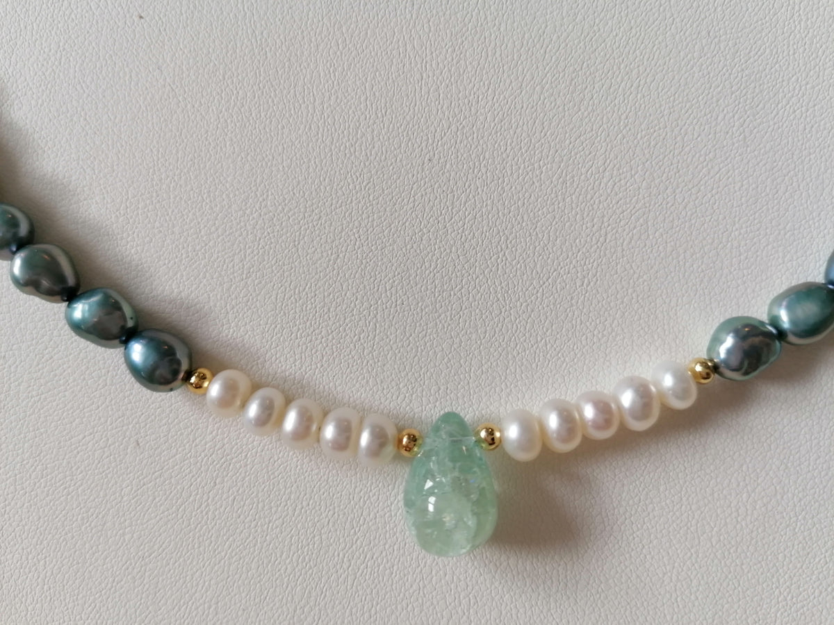 Blue Grey Baroque Pearl & Aquamarine Teardrop Necklace