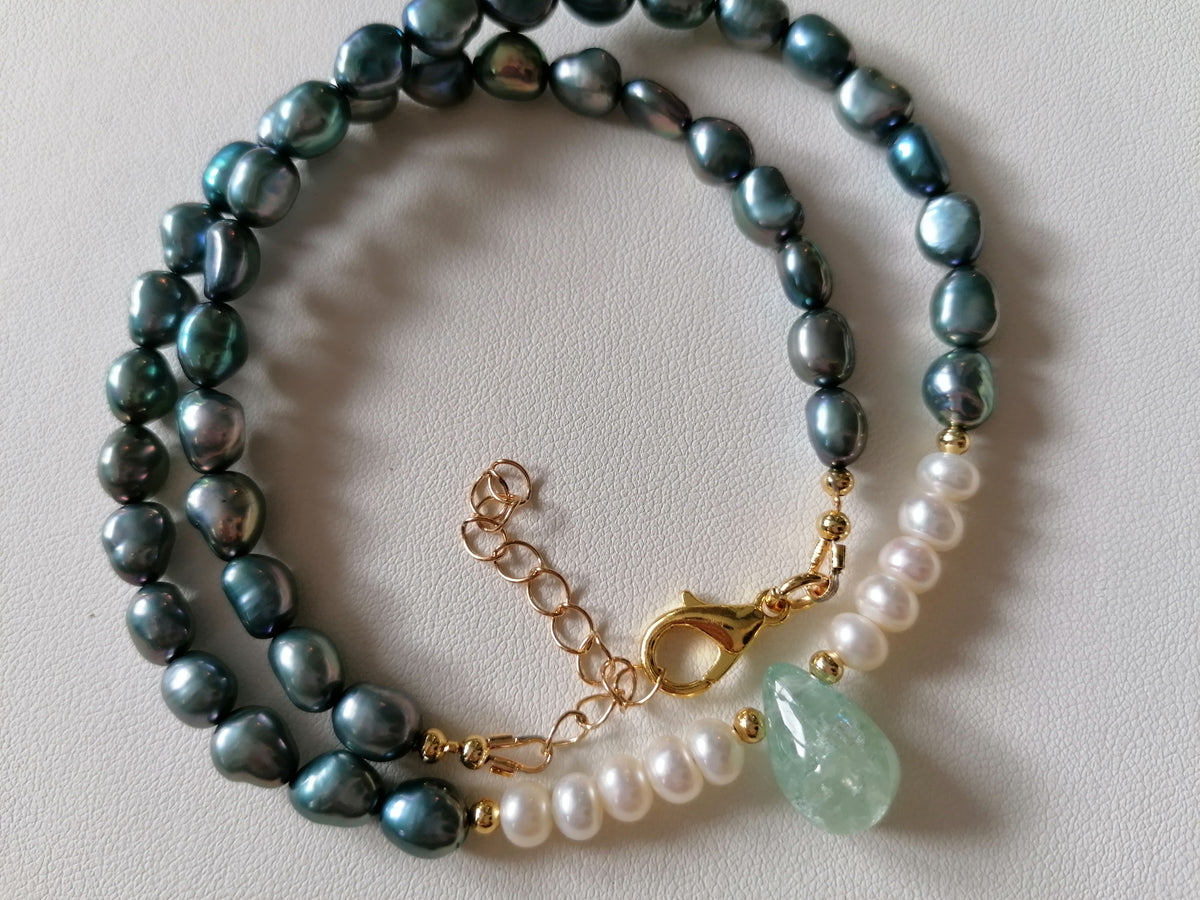 Blue Grey Baroque Pearl & Aquamarine Teardrop Necklace
